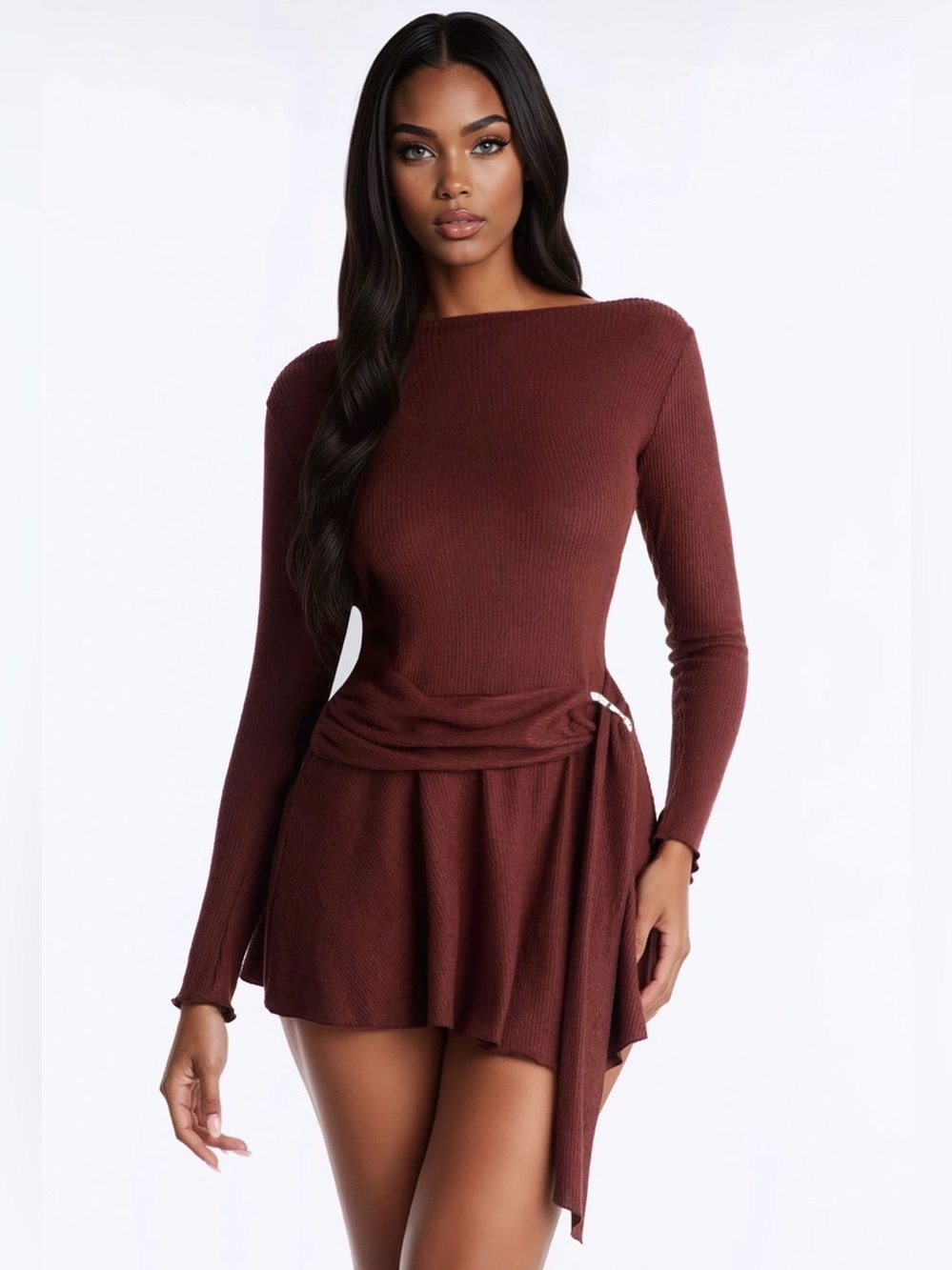 Fashion Nova Ribbed Long-Sleeve Mini Dress in Deep Brown